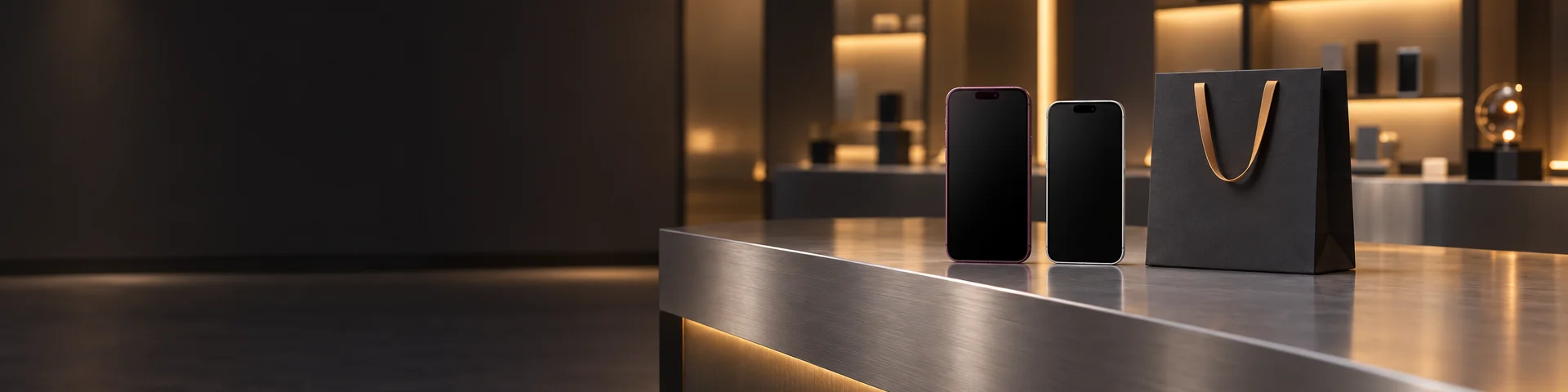 Dos iPhone y una bolsa negra de compras con asa ámbar sobre un mostrador de metal cepillado