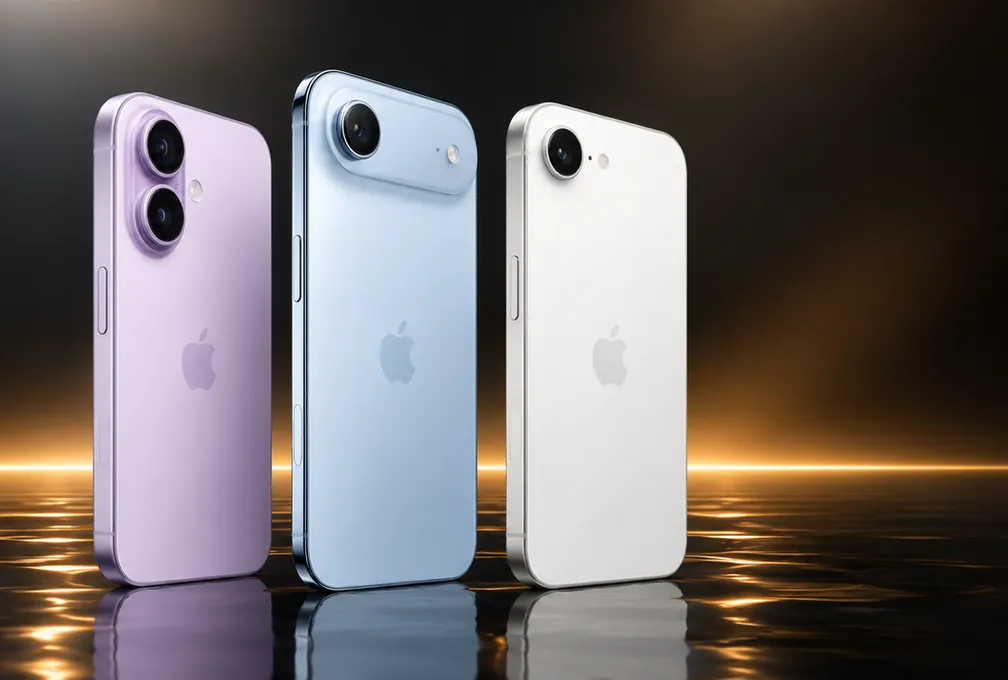 iPhone 17, iPhone Air e iPhone 17e lado a lado sobre un piso oscuro con luz ámbar