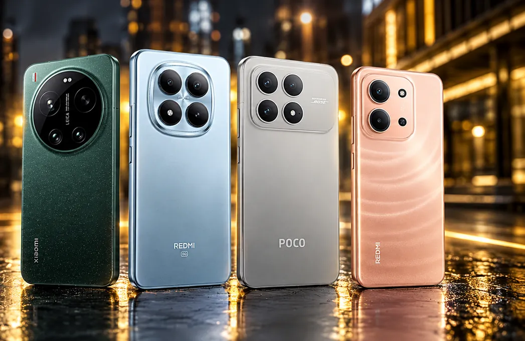 Xiaomi 17 Ultra, Redmi Note 15 Pro+, POCO F8 Pro y Redmi 15C en fila sobre un piso mojado con luces de ciudad