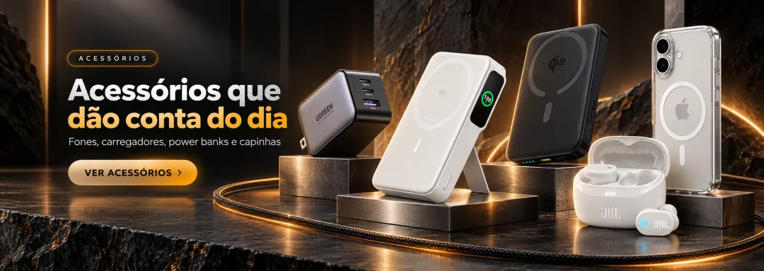 Acessórios que dão conta do dia: fones, carregadores, power banks e capinhas — Anker, UGREEN, Baseus, JBL e Spigen. Ver acessórios