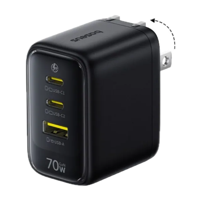 Baseus EnerFill FE22 GaN6 Fast Charger 2C+U 70W cargador de pared 70 W · 2 USB-C + 1 USB-A · GaN6 — Titanio Tech