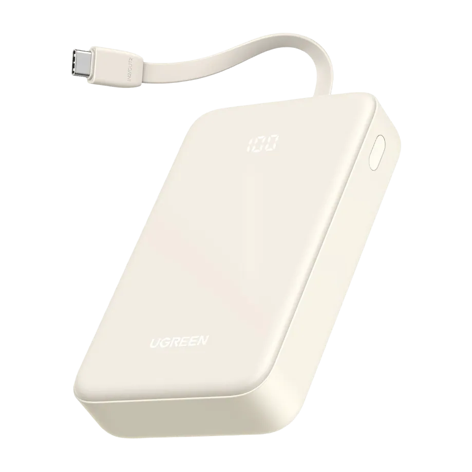 UGREEN Power Bank 20000mAh 22.5W (cable USB-C integrado) power bank 20.000 mAh · 22,5 W · cable USB-C integrado · pantalla — Titanio Tech